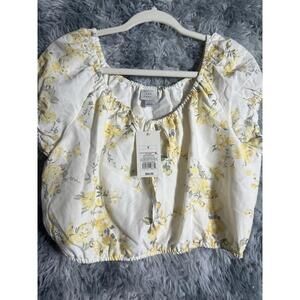 A New Day Women's Yellow Floral Puff Sleeve Crop Top Size Small